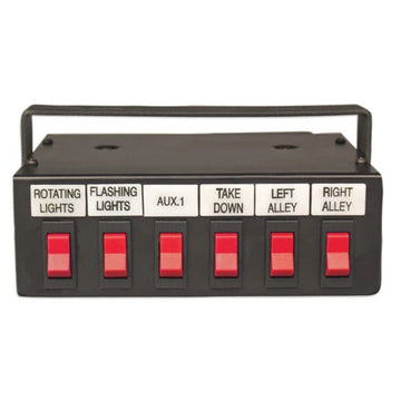Control panel with red switches labeled for different functions on a white background