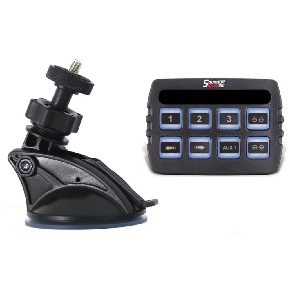 Car dashboard kit with a suction cup mount and control panel on a white background