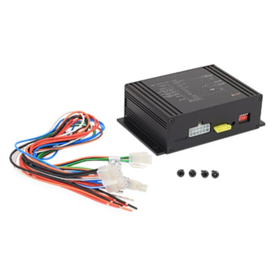Car audio amplifier with wiring harness on a white background