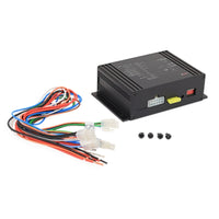 Car audio amplifier with wiring harness on a white background