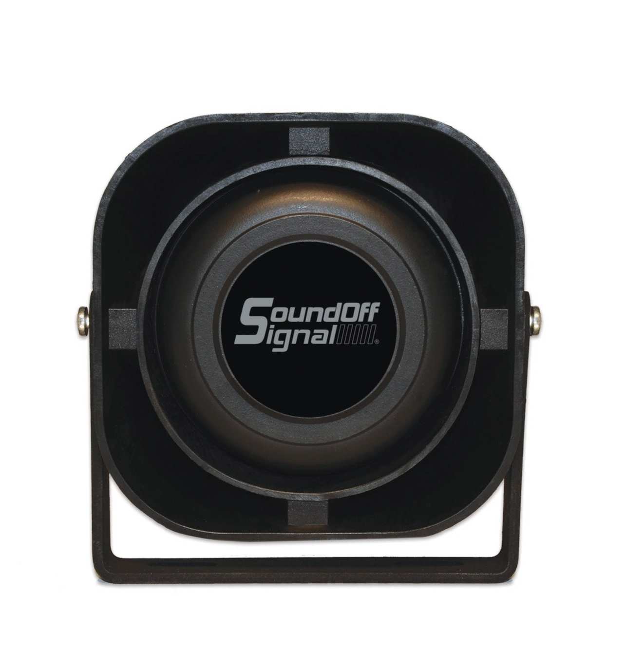 Black speaker with 'SoundOff Signal' logo on a white background