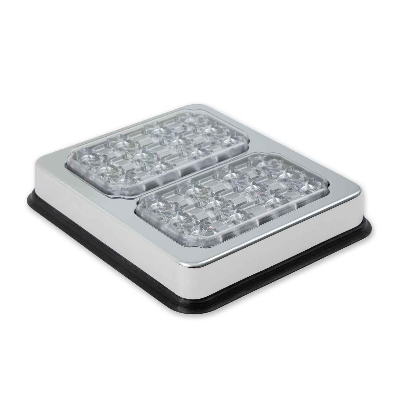 Rectangular metal light fixture with two clear glass covers on a white background