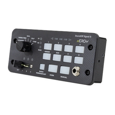 Black audio control panel with buttons and display on a white background