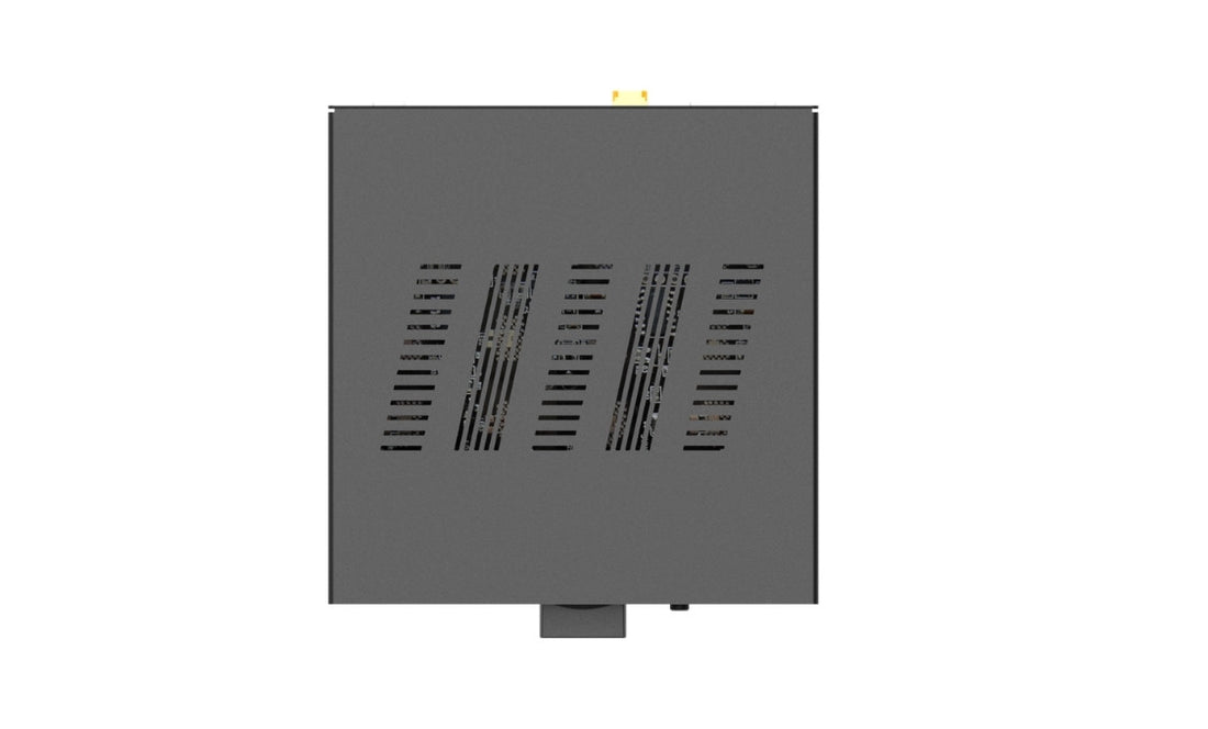 Rectangular gray metal box with ventilation grilles on a white background