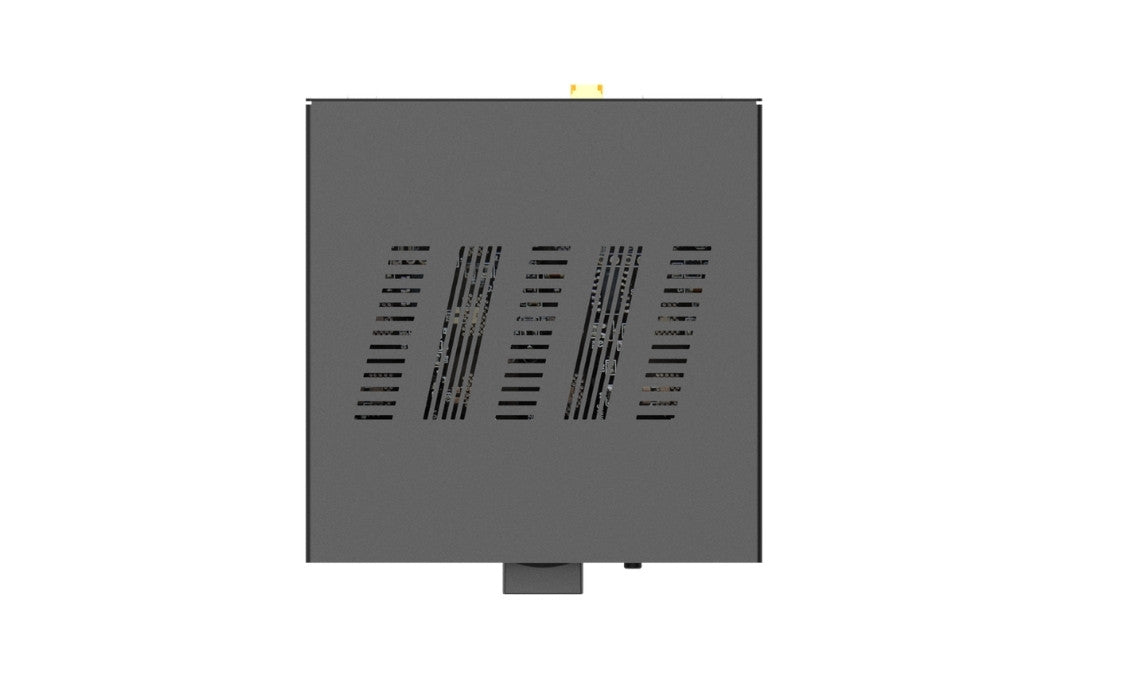 Rectangular gray metal box with ventilation grilles on a white background