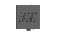 Rectangular gray metal box with ventilation grilles on a white background