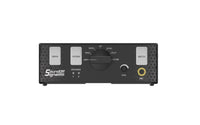 Black audio amplifier with control knobs and buttons on a white background