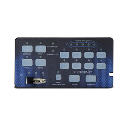 BluePRINTSoundOff Handheld Control Panel with control buttons on a white background
