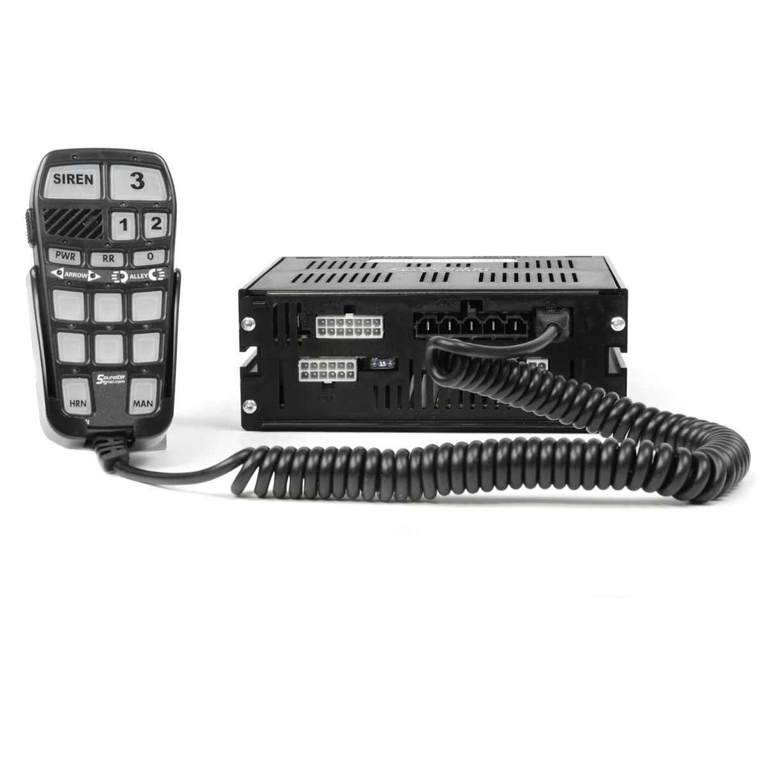 A black SoundOff Plug & Play Kit for emergency vehicle systems, including a control unit and a microphone with a keypad.