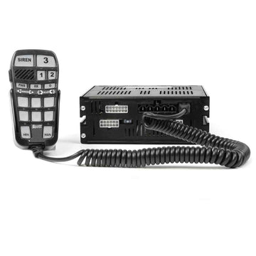 A black SoundOff Plug & Play Kit for emergency vehicle systems, including a control unit and a microphone with a keypad.