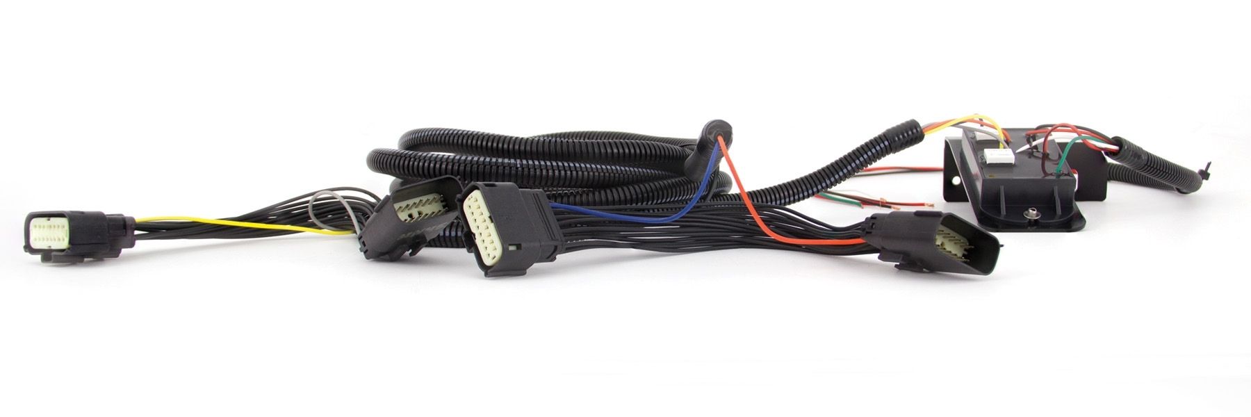 Car wiring harness with connectors on a white background