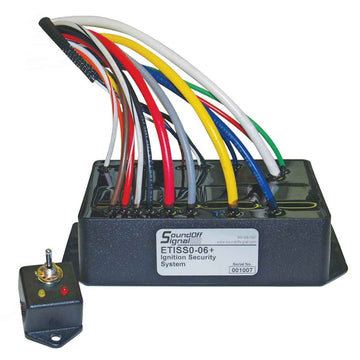 Ignition security system with multicolored wires and a control unit on a white background
