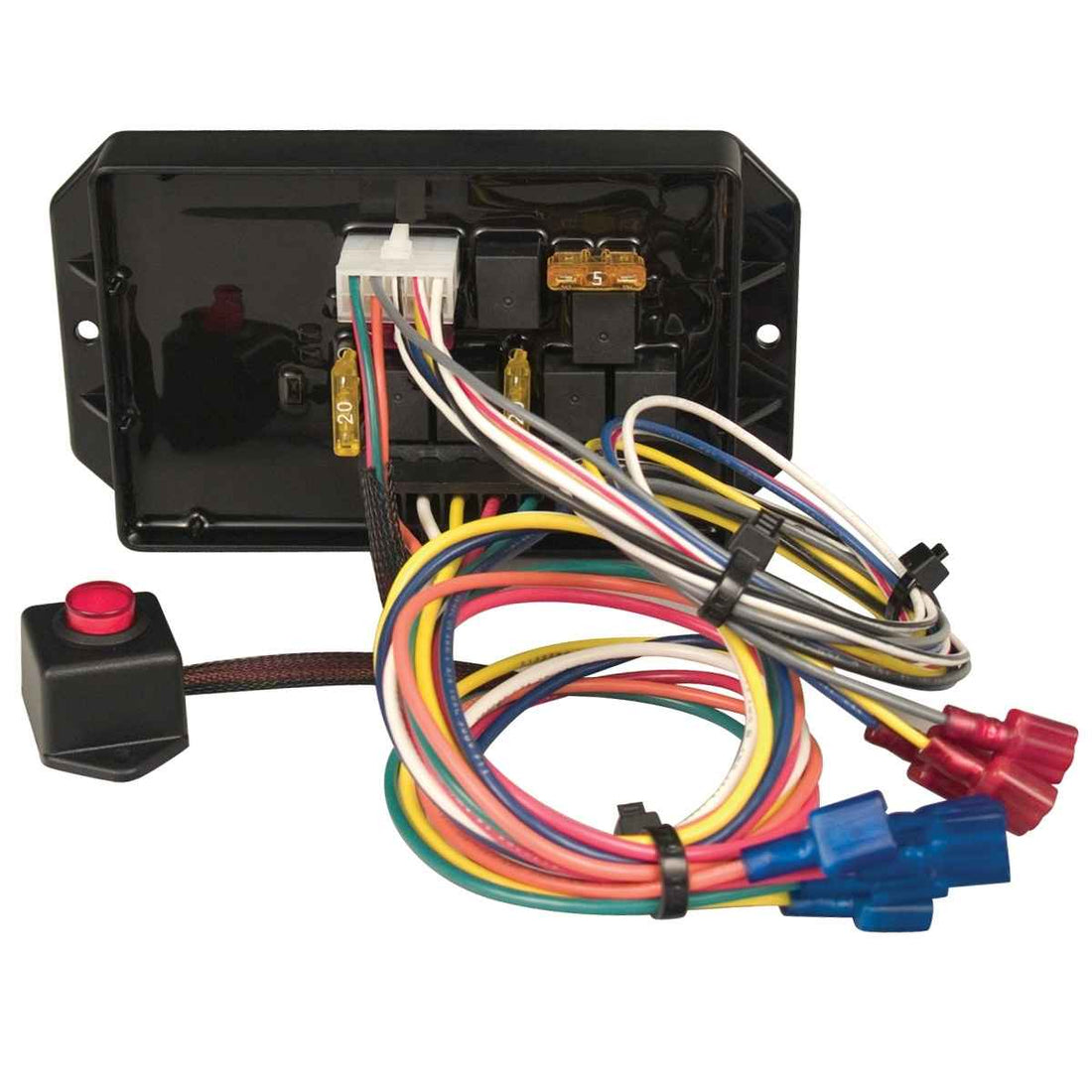 Wiring harness kit with connectors and a switch on a white background