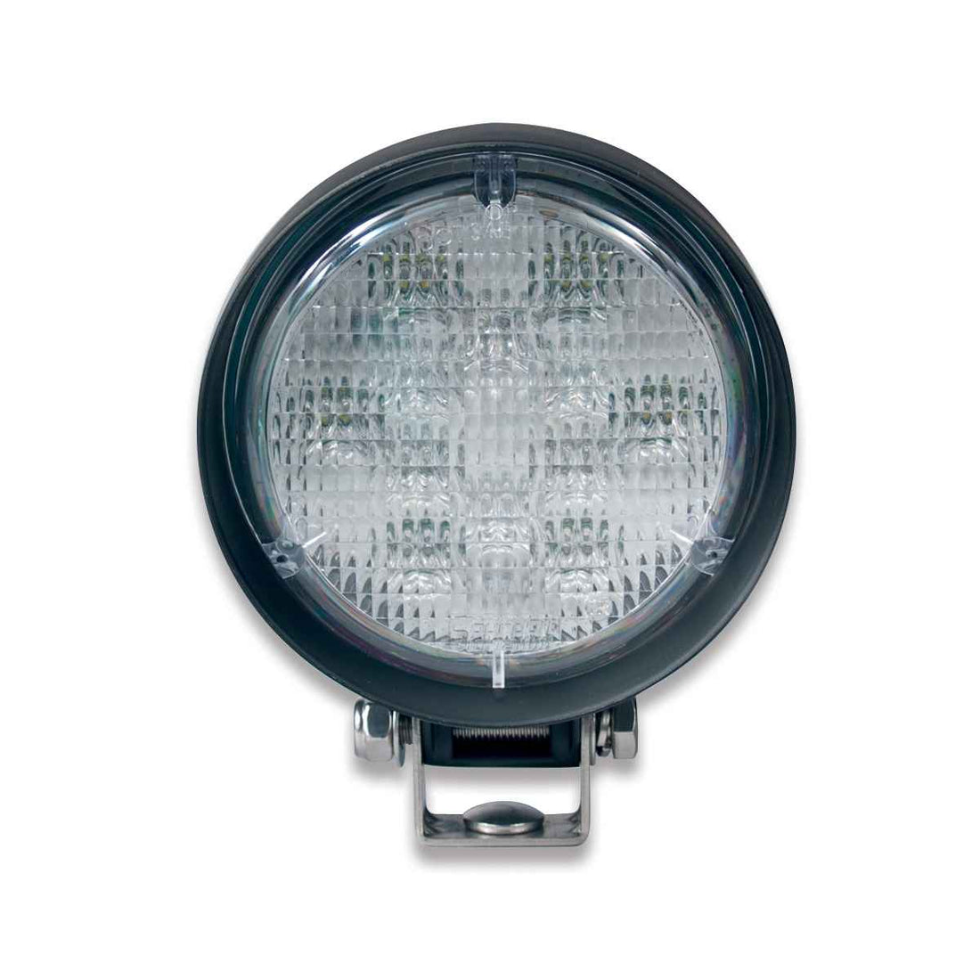 A black, round SoundOff PAR36 Work Light with a clear glass cover, designed for mounting on vehicles