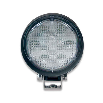 A black, round SoundOff PAR36 Work Light with a clear glass cover, designed for mounting on vehicles