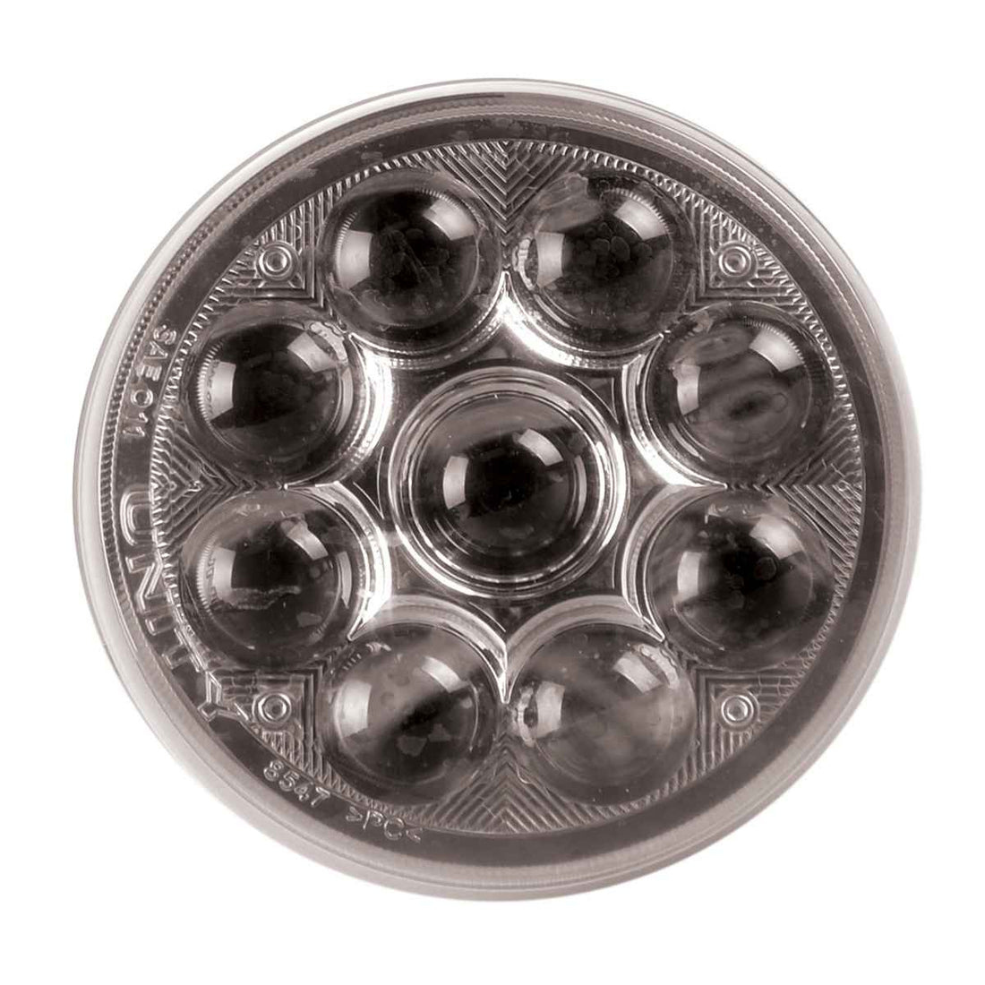 Circular LED light with multiple lenses on a white background