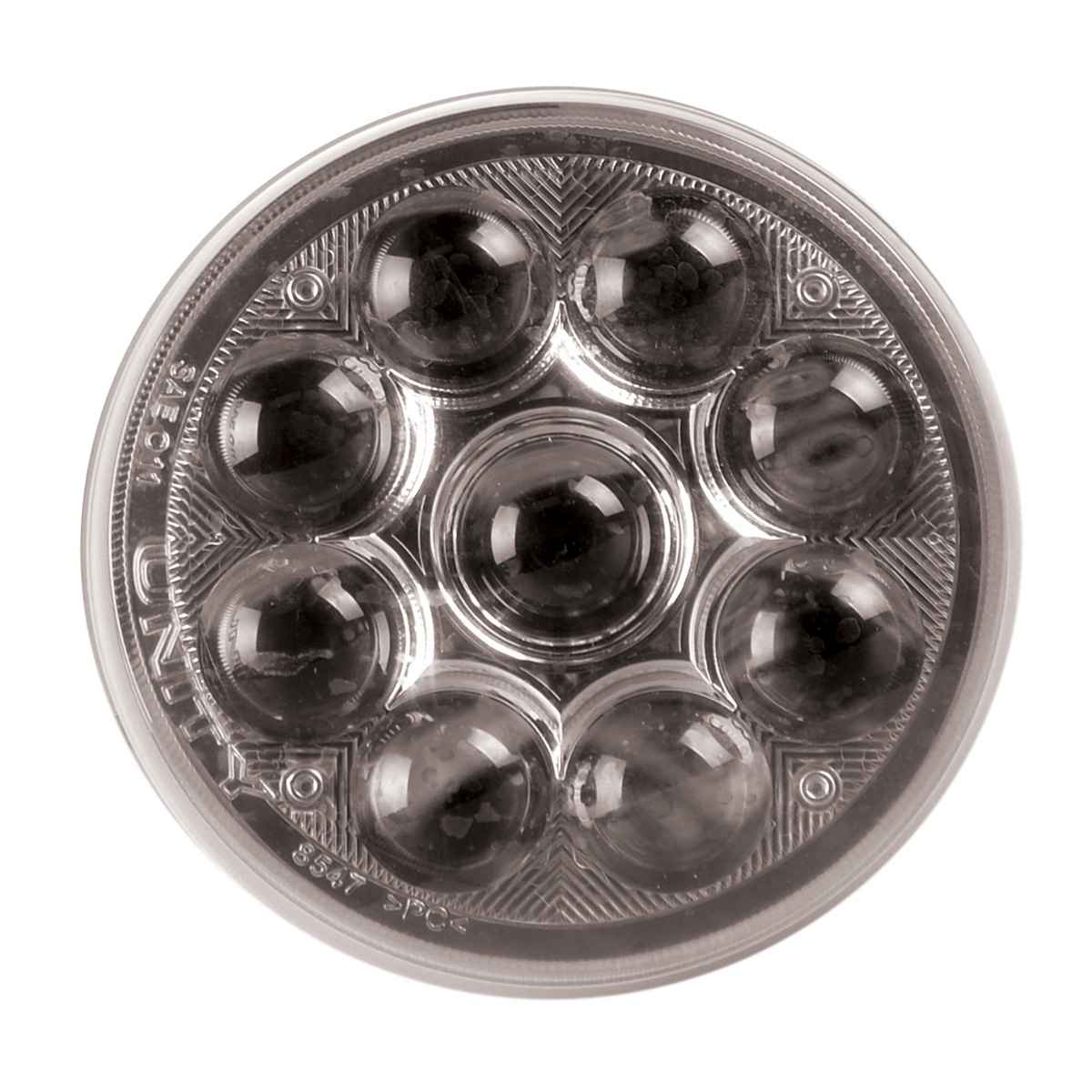 Circular LED light with multiple lenses on a white background