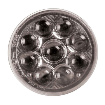 Circular LED light with multiple lenses on a white background