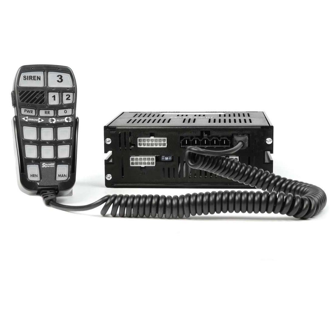Black radio communication device with control panel and coiled cable on a white background