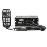 Black radio communication device with control panel and coiled cable on a white background