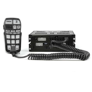 Black radio communication device with control panel and coiled cable on a white background