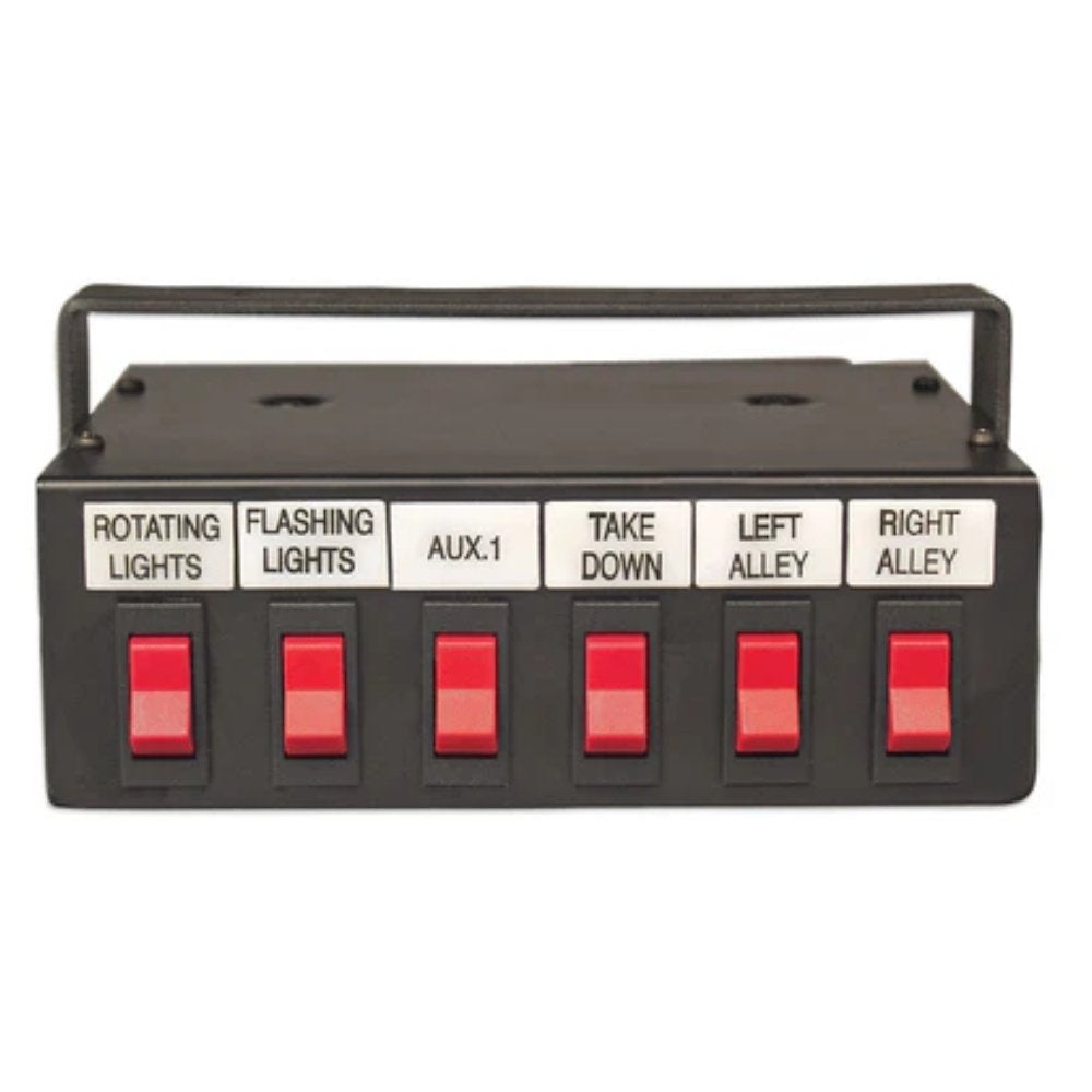 Control panel with red buttons and labeled switches on a white background
