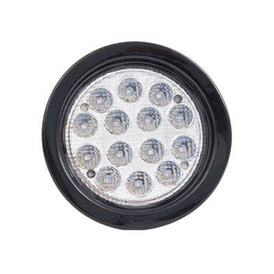 Round LED light with black rim on a white background