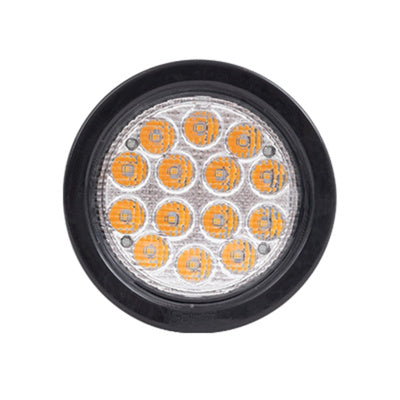 Round LED light with black rim and orange and clear lens on a white background