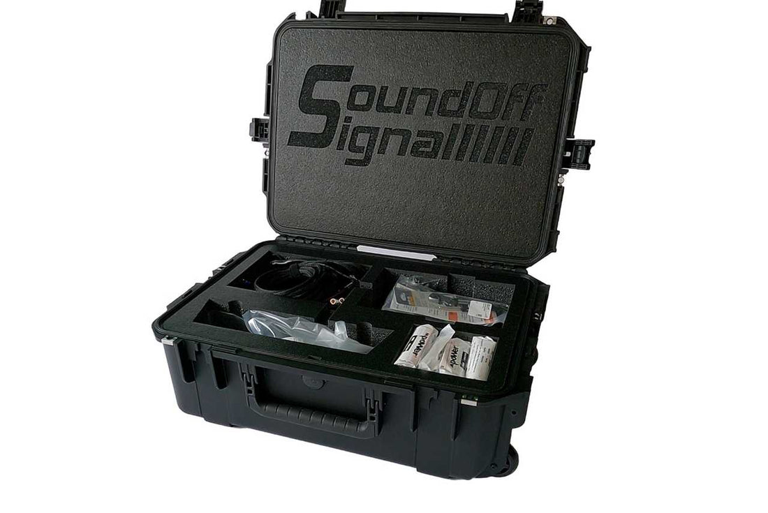 Black hard-shell case with 'SoundOff' branding on a white background