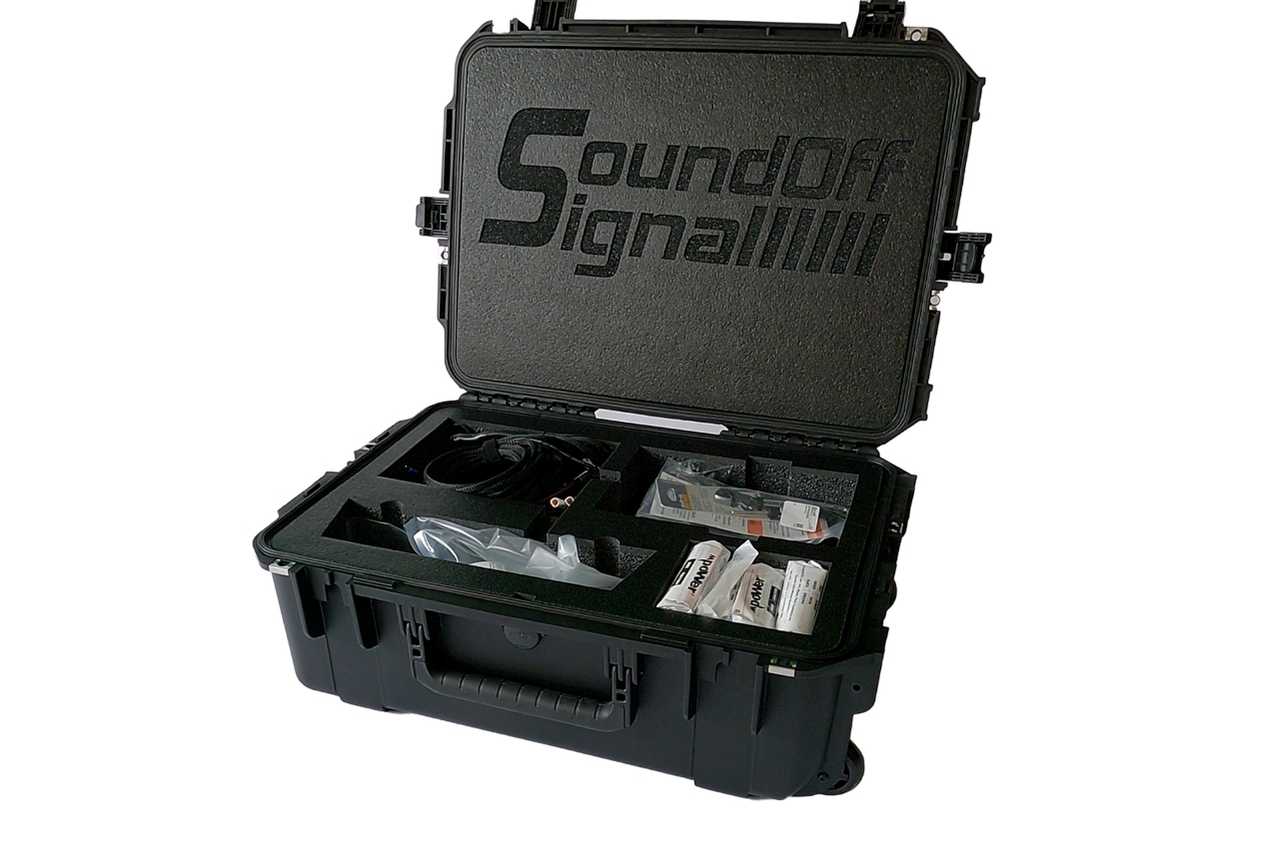 Black hard-shell case with 'SoundOff' branding on a white background