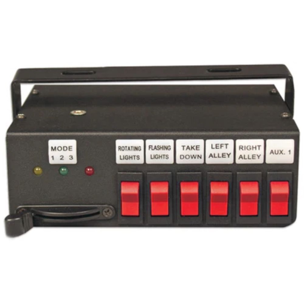 Control panel with red buttons and labeled switches on a white background