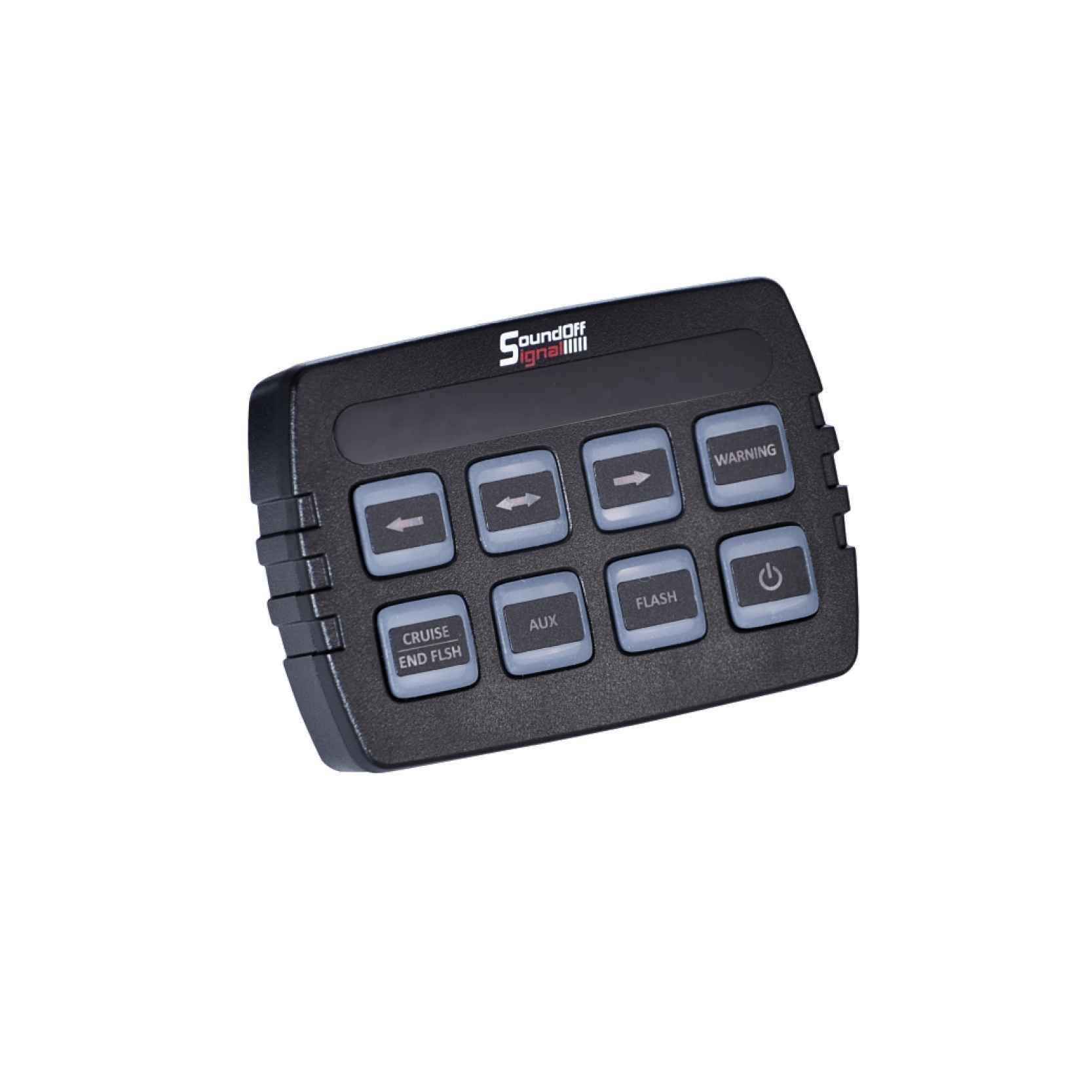Control panel with buttons and 'Soundoff' branding on a white background