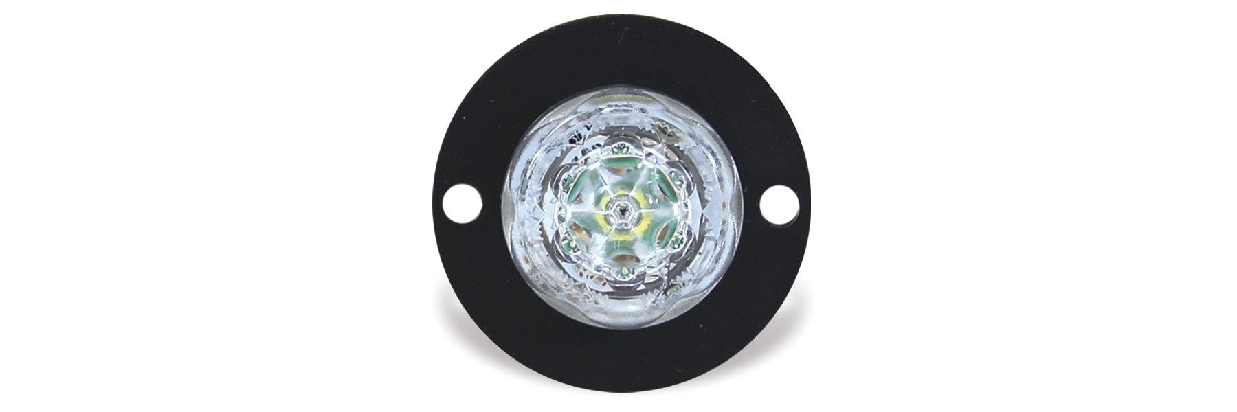 Circular light fixture with black housing on a white background