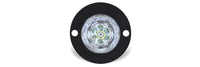 Circular light fixture with black housing on a white background