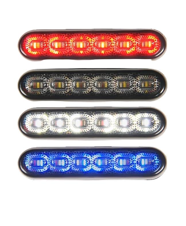 Four LED SoundOff mpower® Fascia 4" lights in different colors on a white background