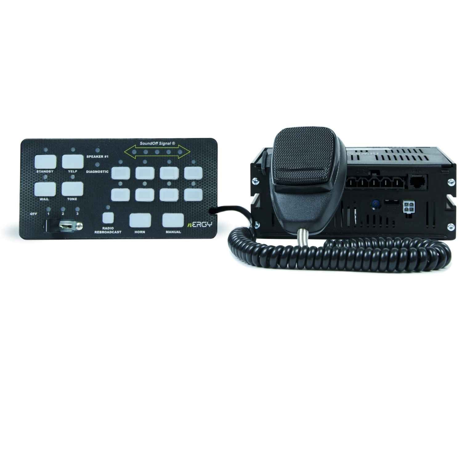 Radio communication equipment with control panel and microphone on a white background
