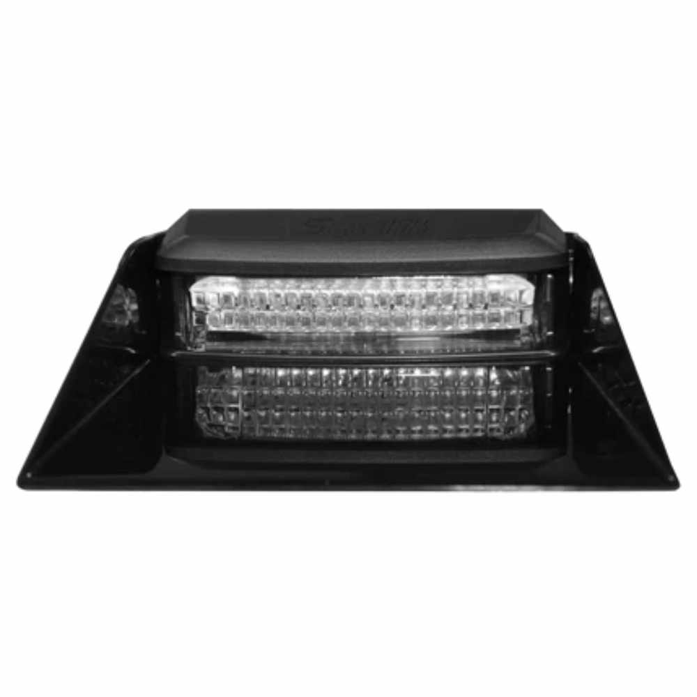 A black SoundOff nFORCE Dual Light mounted on a windshield, featuring a strong suction cup system.