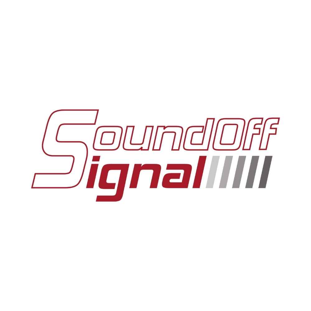 Logo of SoundOff Signal with red and gray text on a white background