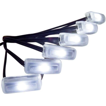 A set of TecNiq brand white LED lights with black wiring designed for use on aerial ladders or as interior accent lighting.