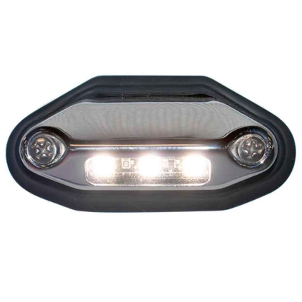 A black, rectangular TecNiq D03 LED area/accent light with a linear design featuring two round LED lights on the sides
