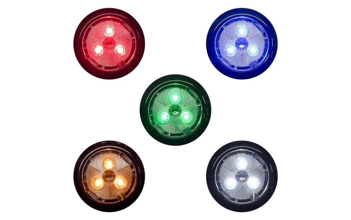 A collection of TecNiq E13 Silho-X LED area lights in various colors including red, blue, green, orange, and white.