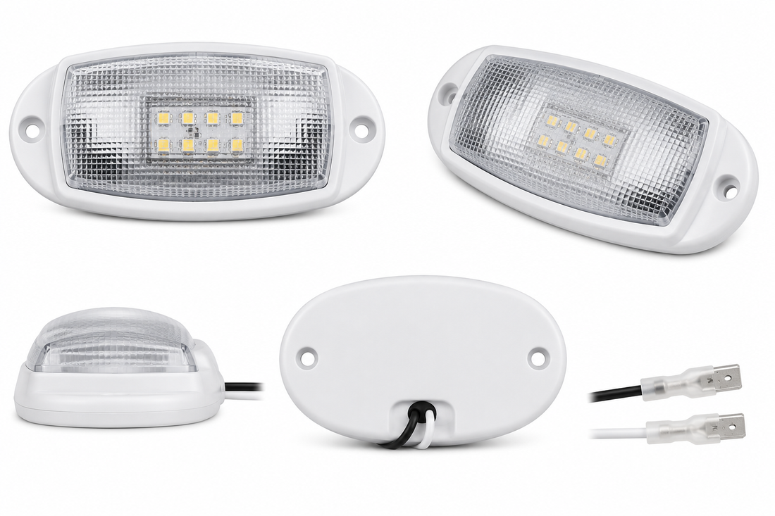 A set of white rectangular LED boat or marine lights shown from multiple angles, including the front with visible LED chips, the back with a wire connection, and two connector plugs, on a plain white background.