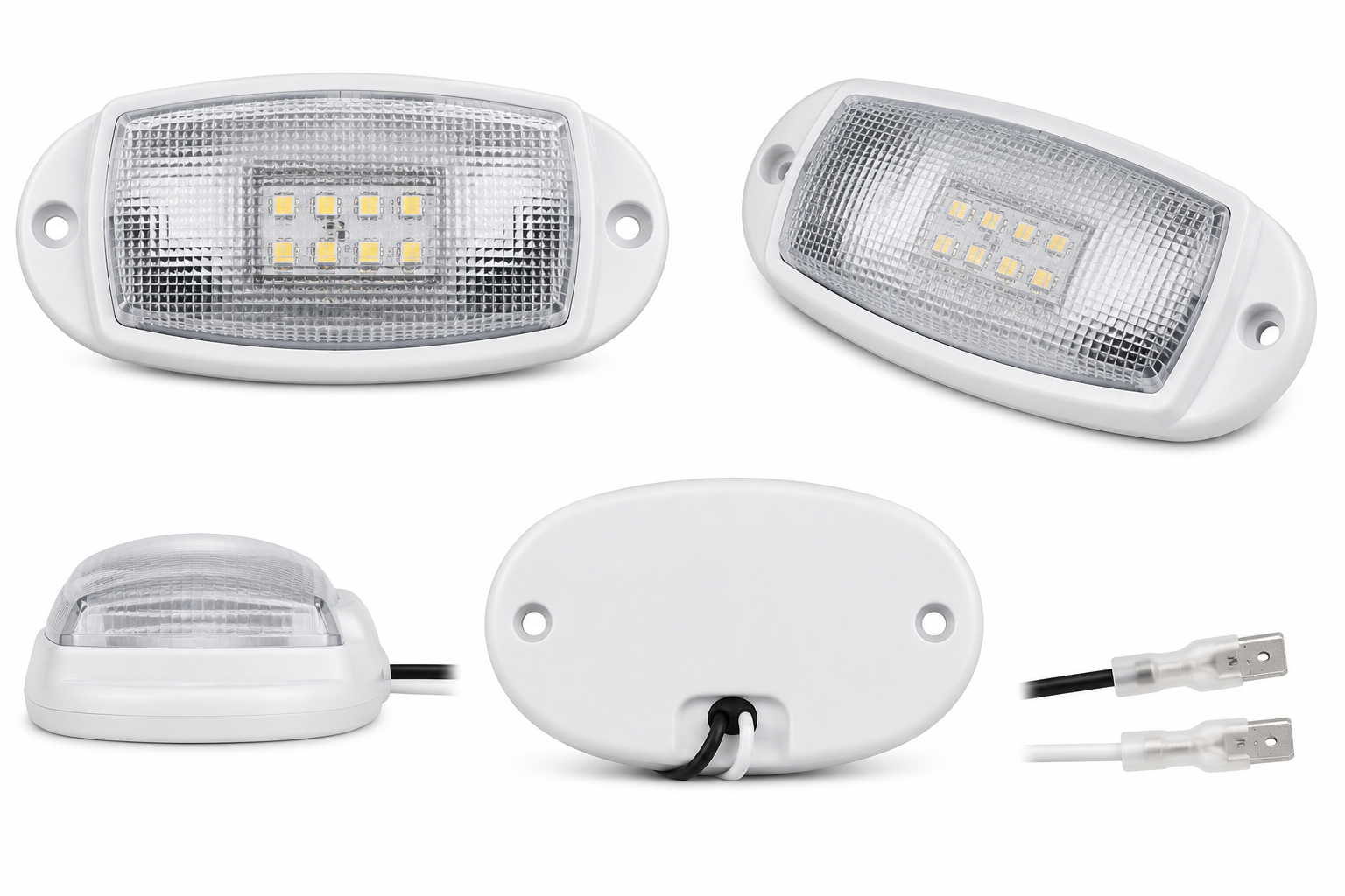 A set of white rectangular LED boat or marine lights shown from multiple angles, including the front with visible LED chips, the back with a wire connection, and two connector plugs, on a plain white background.
