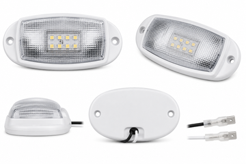 A set of white rectangular LED boat or marine lights shown from multiple angles, including the front with visible LED chips, the back with a wire connection, and two connector plugs, on a plain white background.