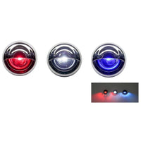 Three round TecNiq E34 : Grommet Mount Step Accent LED lights in red, white, and blue with inset showing their glow.