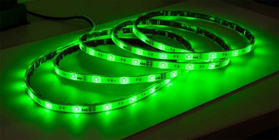 Green LED strip light on a flat surface