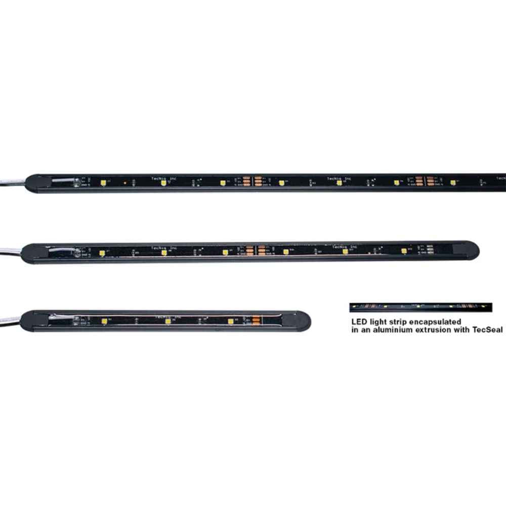 LED light strips encapsulated in an aluminum extrusion with TecSeal on a white background