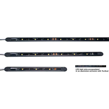 LED light strips encapsulated in an aluminum extrusion with TecSeal on a white background