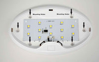 LED light panel with mounting holes and label on a white background