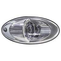 A clear TecNiq E60 flush mount docking light with LED illumination designed for marine vehicles